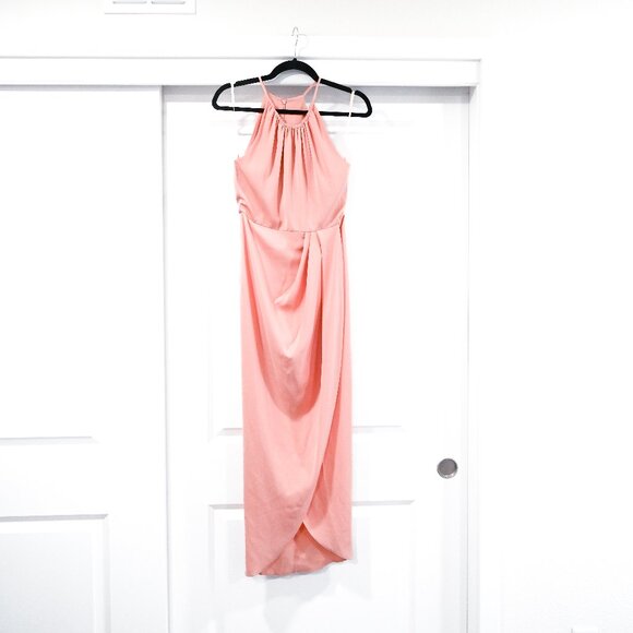 Shona Joy Size 2 Blush High Neck Gathered Faux Wrap Satin Maxi Dress - Picture 2 of 11